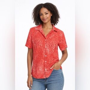 Ben Sherman Women’s Red Printed Short Sleeve Button-Up Casual Lightweight Top